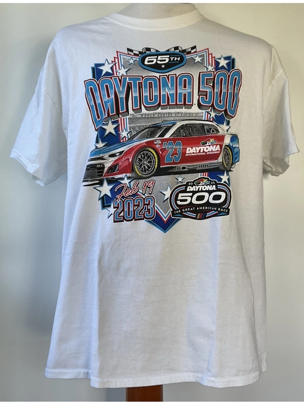 Champion White Tee with Red & Blue Daytona 500 Race Car Graphic